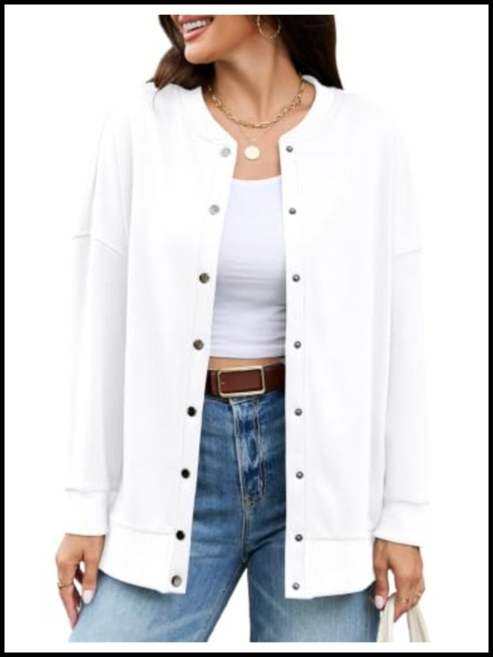 Snap Button Down Sweatshirt Cardigan Jacket Loose Fit Women's Casual Layer